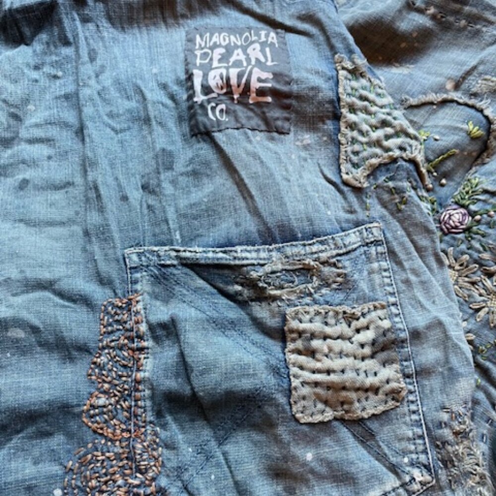 Magnolia Pearl Light Blue Patchwork Embroidered Denim Overalls Benjamins - Picture 15 of 16